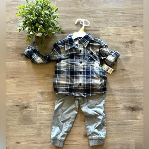 Toughskins Blue and Gray Plaid Kids plaid flannel top and jogger set